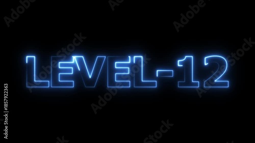 Glowing neon level-12 text with glitch effects animation. neon colorful letters spelling out level-12 appear on screen. level-12 game concept icon on a black background. 4k video