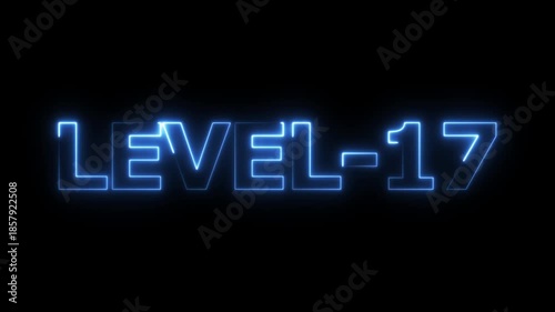 Glowing neon level-17 text with glitch effects animation. neon colorful letters spelling out level-17 appear on screen. level-17 game concept icon on a black background. 4k video
