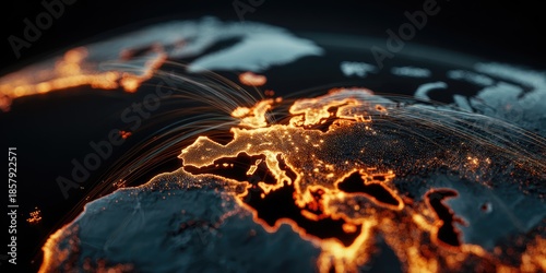 Europe map, glowing with network lines on a dark earth, angled view