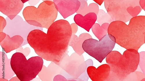 Seamless watercolor heart pattern for Valentine's Day love. Watercolor hearts creating a seamless pattern in shades of pink and red on a white background