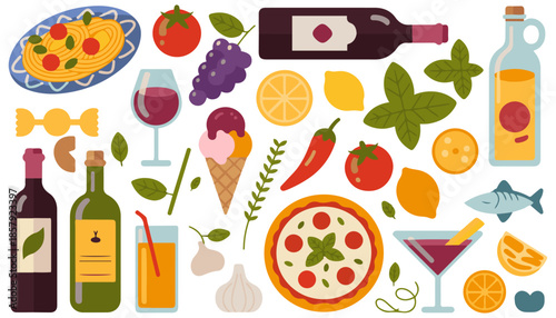 Italian cuisine icons in colorful food collage