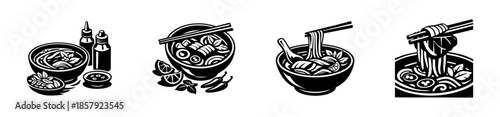 Noodle and soup vector icons set: asian cuisine and food symbols