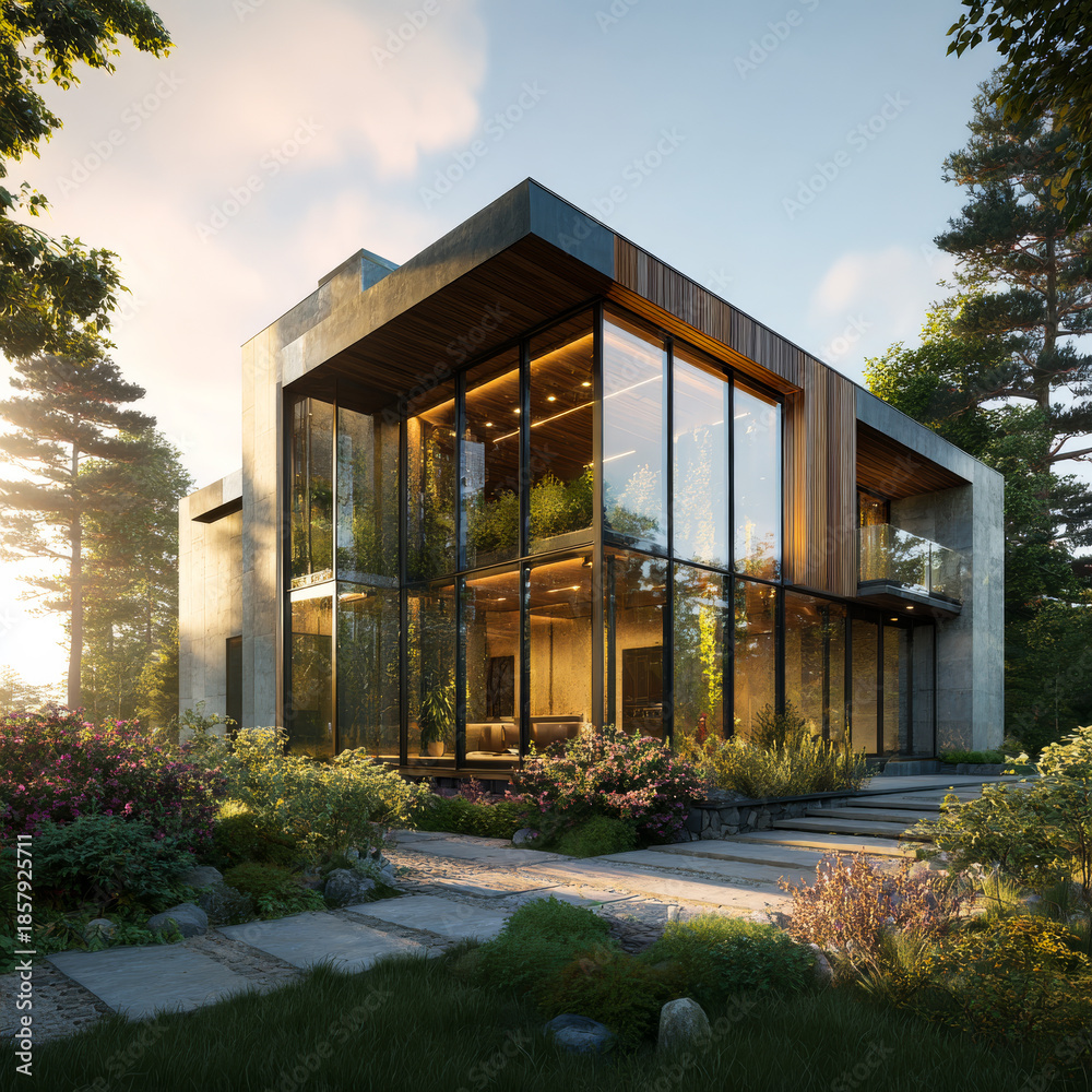 Fototapeta premium Modern architectural marvel surrounded by lush greenery showcases large glass walls and stunning nature views at sunrise in a serene setting