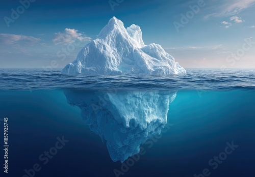 Iceberg floating, split view above/below water, blue sky backdrop