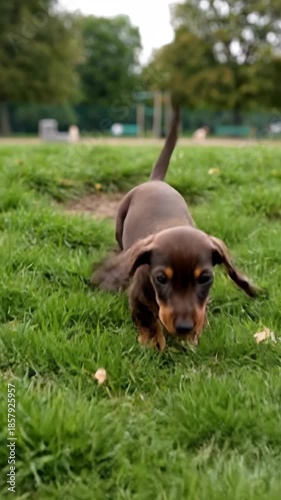 Adorable Dachshund Puppy Running Joyfully Through Lush Green Grass in Park.