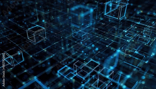Abstract network of glowing blue cubes and lines against a dark backdrop