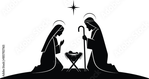 Nativity scene with Mary, Joseph, and Jesus.