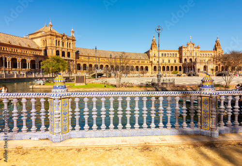 Architecture and canals of Spain square in Seville