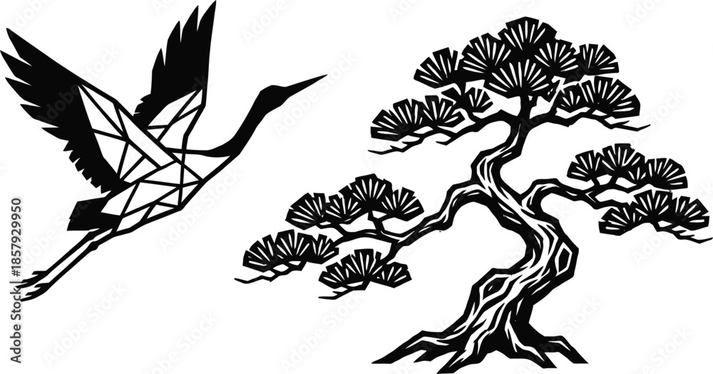 Obraz premium Crane and Pine Tree Longevity Illustration