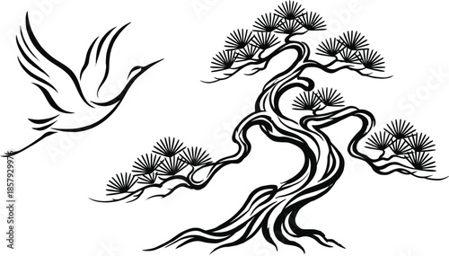 Crane and Pine Tree Longevity Illustration