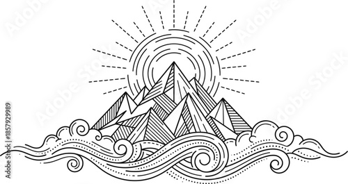 Mountain peak with abstract dreamlike sunrise vector landscape.