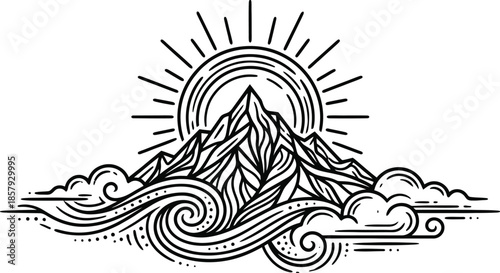 Mountain peak with abstract dreamlike sunrise vector landscape.