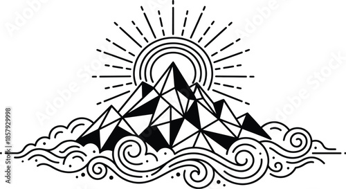 Mountain peak with abstract dreamlike sunrise vector landscape.
