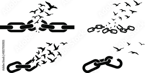 Broken Chains Silhouette with Birds Flying Free