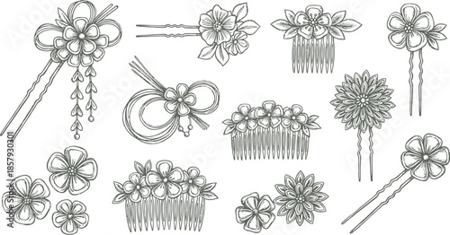 Kanzashi Hand Drawn Hair Accessory Vector Set