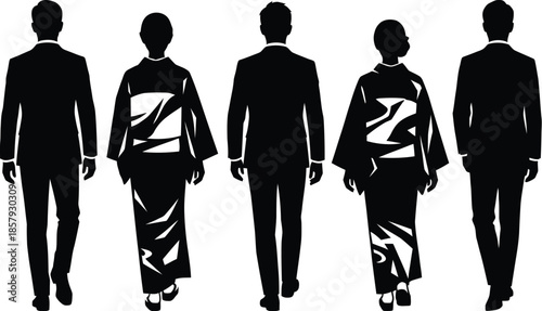 Young adults in suits and kimonos diverse group vector