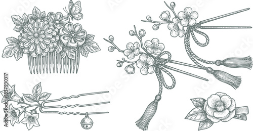 Kanzashi Hand Drawn Hair Accessory Vector Set