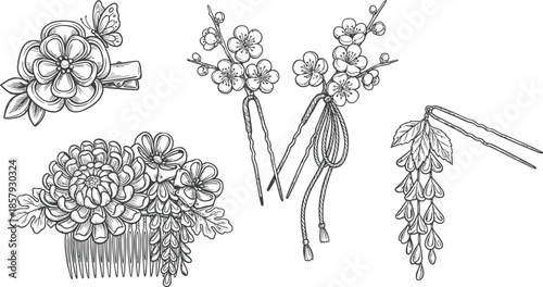 Kanzashi Hand Drawn Hair Accessory Vector Set