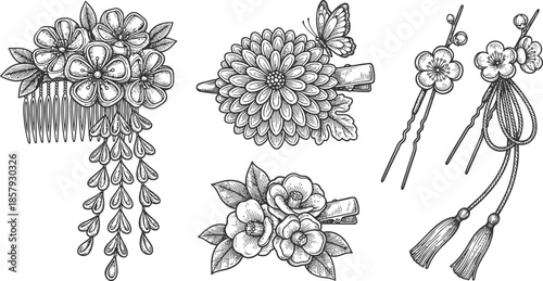 Kanzashi Hand Drawn Hair Accessory Vector Set