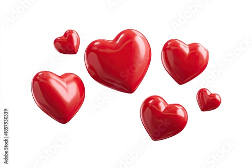 Five glossy, red, three-dimensional hearts on a white background