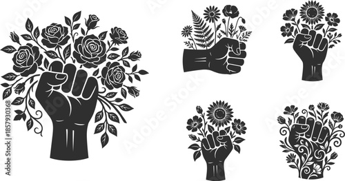 Human rights fist symbol blossoming with vibrant flowers
