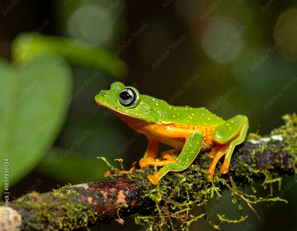 Fototapeta premium A small, vibrant green frog perched on a branch