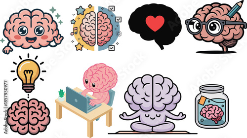 Cute brain characters with lightbulb heart glasses and jar set