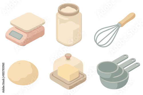 Home Baking Essentials. Isometric vector illustration set Home Baking Essentials: kitchen scale, flour jar, whisk, dough ball,