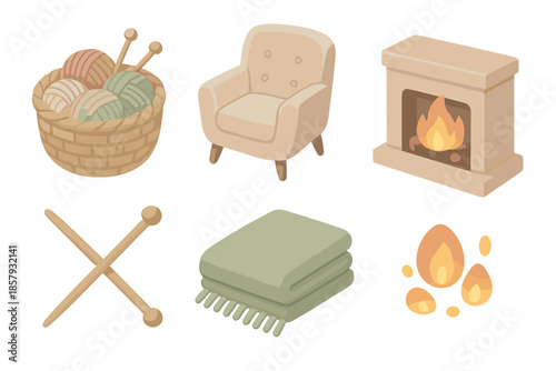 Cozy Knitting Corner. Isometric vector illustration set Knitting Yarn Fireplace: basket of yarn balls, cozy armchair, crackling