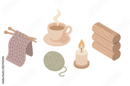 Cozy Knitting Evening. Isometric vector illustration set Evening Yarn Session: hand-knit blanket, teacup steam, wool bundle,