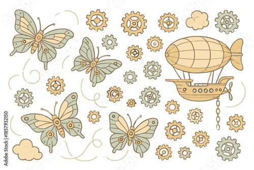 Steampunk Butterfly Swarm. Isometric vector illustration set Steampunk Butterfly Swarm: metallic butterflies, cogs and chains,