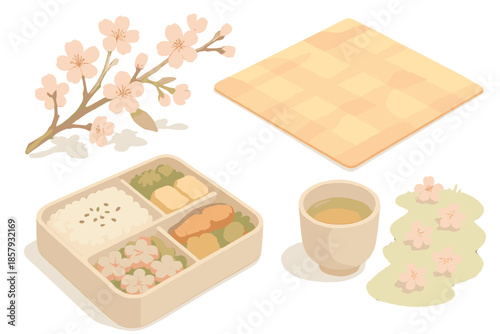 Hanami Picnic Delights. Isometric vector illustration set Hanami Picnic Moment: cherry branches, picnic mat, bento box, tea cup,