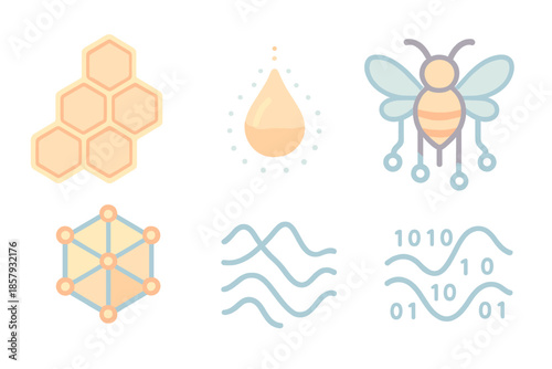 Algorithmic Honey Flow. Isometric vector illustration set Algorithmic Honey Flow: honeycomb grid, glowing data drops, abstract bee