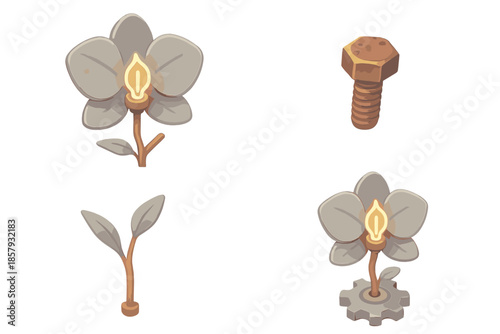 Scrap Metal Orchid. Isometric vector illustration set Scrap Metal Orchid: steel petals, rusted bolts, copper stem, gear base,