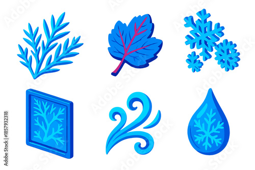 Frosty Window Icons. sometric vector illustration set Frost Windowpane: icy crystal patterns, frozen leaf imprint, snowflake
