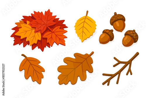 Autumn Leaf Collection. Isometric vector illustration set Autumn Leaf Pile: yellow birch leaf, crimson maple cluster, brown oak