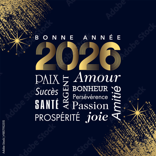 2026 - Carte de vœux élégante et graphique  composé d’un nuage de mots aus typographie diverse - texte français.
