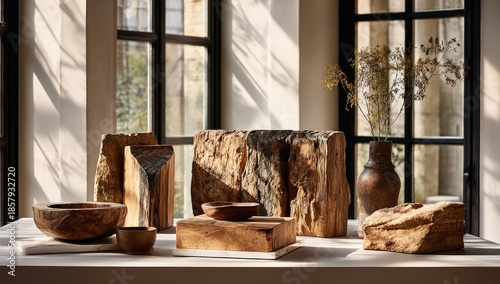 Stone & wooden vessels on table by window