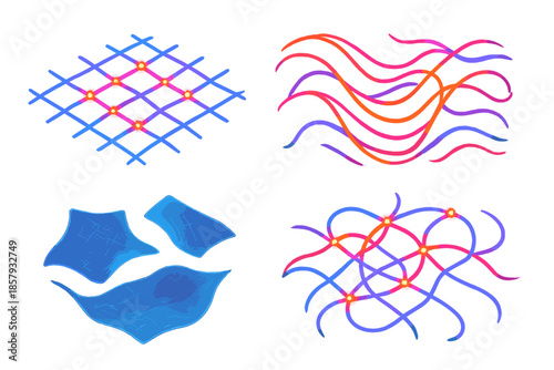 Aetheric Weave Design. Isometric vector illustration set Aetheric Weave Pattern: glowing thread lattice, floating energy strands,