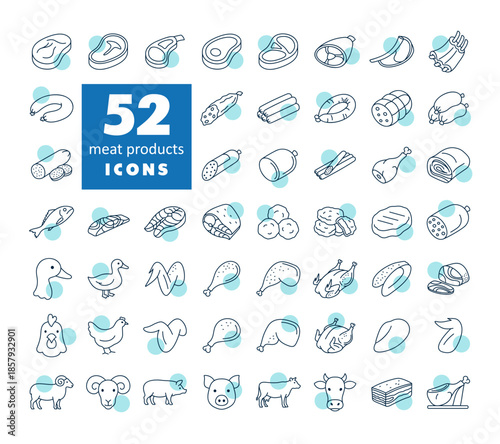 Meat Products Vector Outline Icon Set