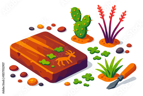 Desert Varnish Icons. Isometric vector illustration set Desert Varnish Canvas: varnished stone slab, desert flora, tiny lichen