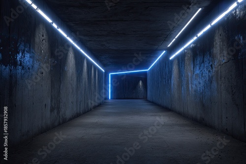 Concrete tunnel illuminated by vivid blue neon lights