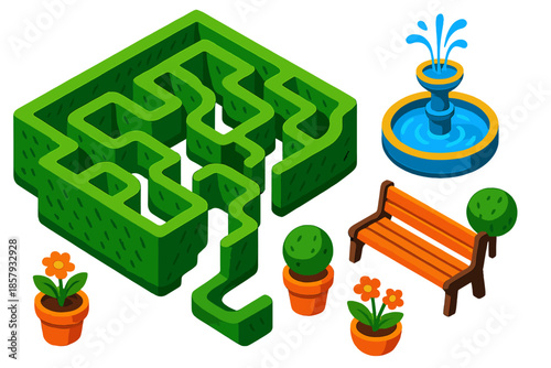 Urban Hedge Maze. Isometric vector illustration set Urban Hedge Maze: green labyrinth, fountain centerpiece, winding alleys,
