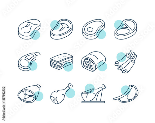 Meat Cuts Deli Products Vector Icon Set