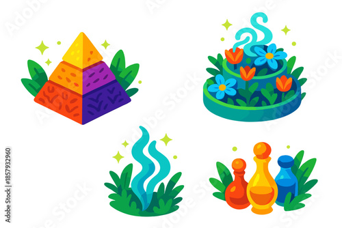 Scent Pyramid Architecture. Isometric vector illustration set Scent Pyramid Architecture: aromatic pyramid, floral terraces, misty
