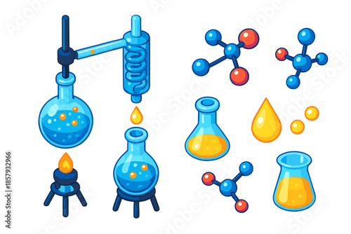 Molecular Distillation Art. Isometric vector illustration set Molecular Distillation Art: glass distillation apparatus, boiling