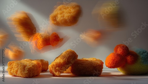 Blurred, golden nuggets with shadow and object