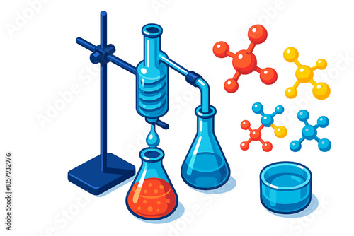 Molecular Distillation Setup. Isometric vector illustration set Molecular Distillation Art: glass distillation setup, boiling