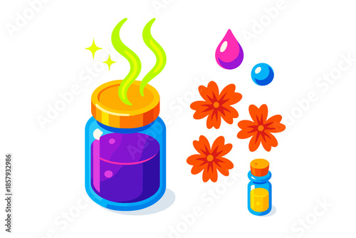 Olfactory Memory Icons. Isometric vector illustration set Olfactory Memory Trigger: scent jar, glowing aroma trails, tiny dried