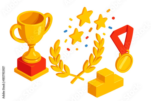 Victory Celebration Icons. Isometric vector illustration set Victory Point: golden trophy, laurel wreath, floating stars, tiny